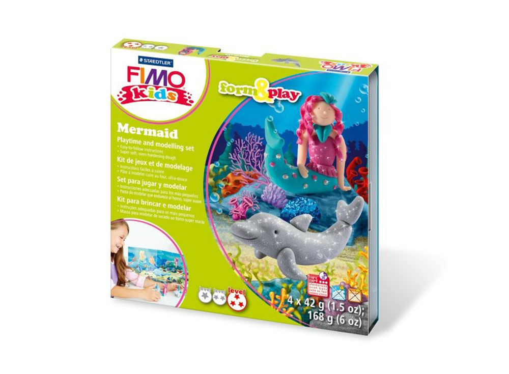 Набор FIMO Kids form&play «Русалочка» Набор FIMO Kids form&play «Русалочка»Полимерная глина FIMO<br>Полимерная глина — удивительный материал для творчества и декоративно-прикладного искусства. Лепка из полимерной глины в равной степени увлекает детей и взрослых, вдохновляет мастеров и новичков. Этот вид творчества не требует профессиональной подготовки ...<br><br>Артикул: 8034_12_LZ<br>Вес: 42 г<br>Серия: FIMO Kids form&play