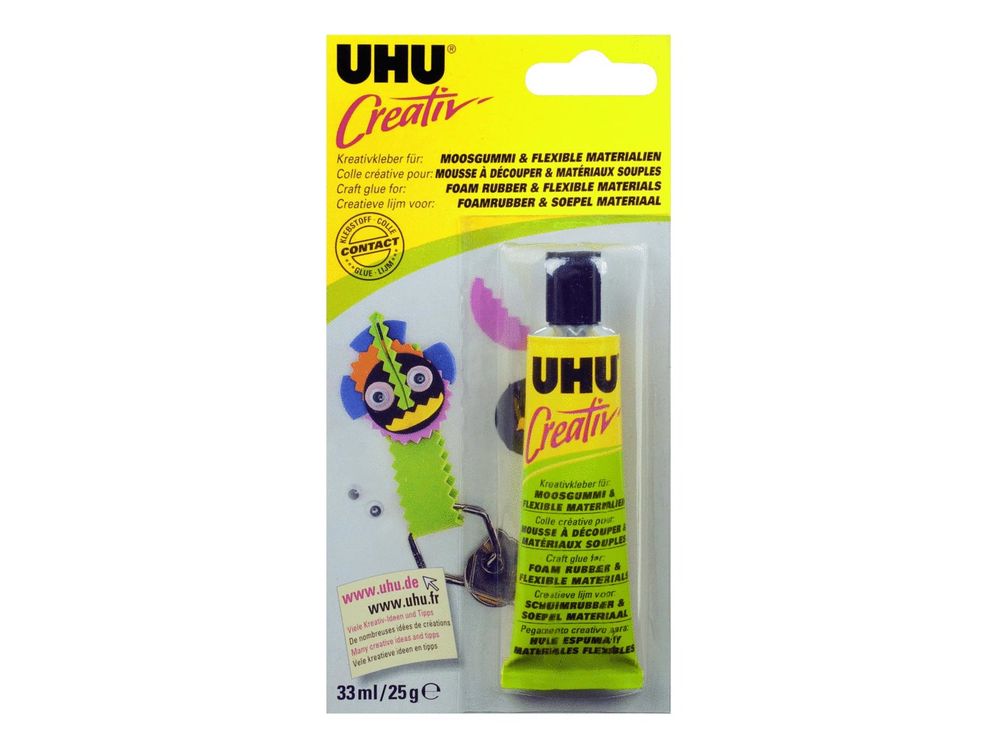 Клей UHU Creativ для пенорезины и эластичных материалов Клей UHU Creativ для пенорезины и эластичных материаловКлей для рукоделия<br>Быстросхватывающий клей UHU Creativ с высокой клеящей способностью для всех видов творческих работ, в которых используются эластичные материалы: <br><br>кожа, <br>резина, <br>пенорезина, <br>пенопласт (например, Стиропор), <br>материалы с пленочным покрытием (пл...<br><br>Артикул: 47195/47198<br>Размер: 33 мл / 25 г