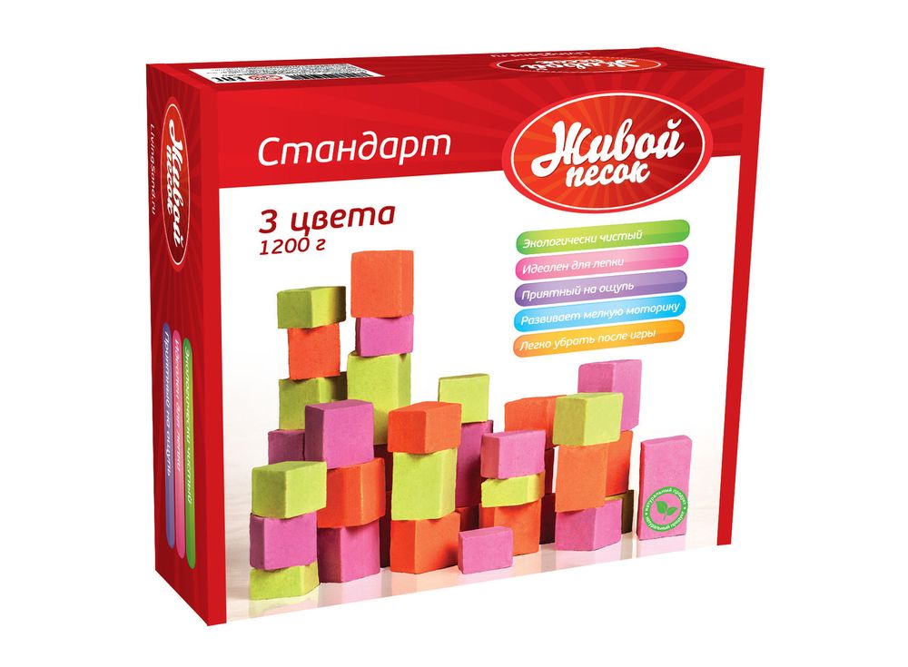 Живой песок Стандарт цветной 1200 г (3 цвета) Живой песок Стандарт цветной 1200 г (3 цвета)Живой песок<br>Приятный на ощупь, мягкий, похожий на теплый, идеально чистый морской песок, всегда вызывает у детей желание поиграть. Невозможно удержаться, чтобы не слепить из этого песка забавных животных, небольшой замок или множество куличиков. Не сыпучий, пластичны...<br><br>Артикул: 2644<br>Вес: 1,2 кг<br>Цвет: розовый, салатовый, оранжевый<br>Размер упаковки: 16x15,6x6 см
