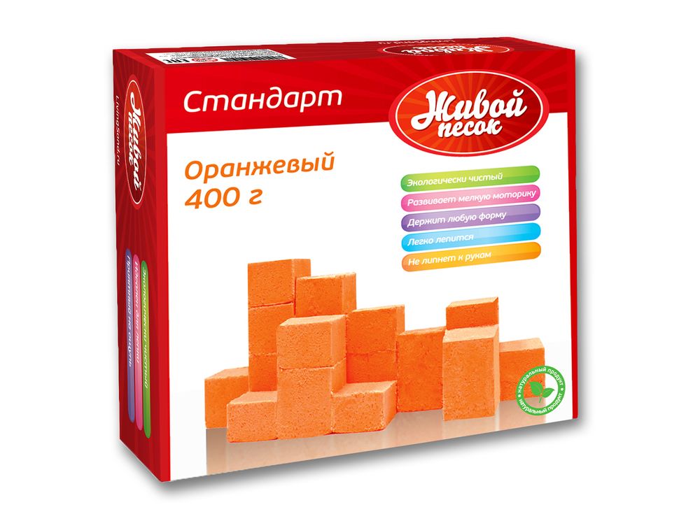 Живой песок Стандарт оранжевый 400 г Живой песок Стандарт оранжевый 400 гЖивой песок<br>Приятный на ощупь, мягкий, похожий на теплый, идеально чистый морской песок, всегда вызывает у детей желание поиграть. Невозможно удержаться, чтобы не слепить из этого песка забавных животных, небольшой замок или множество куличиков. Не сыпучий, пластичны...<br><br>Артикул: 2668<br>Вес: 0,4 кг<br>Цвет: Оранжевый