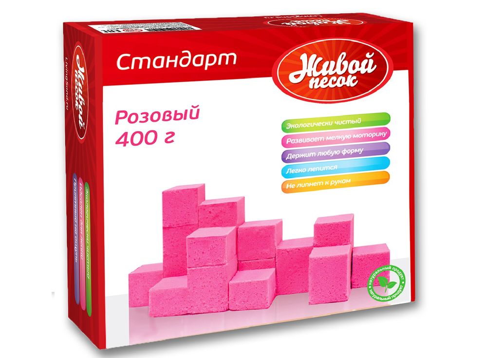 Живой песок Стандарт розовый 400 г Живой песок Стандарт розовый 400 гЖивой песок<br>Приятный на ощупь, мягкий, похожий на теплый, идеально чистый морской песок, всегда вызывает у детей желание поиграть. Невозможно удержаться, чтобы не слепить из этого песка забавных животных, небольшой замок или множество куличиков. Не сыпучий, пластичны...<br><br>Артикул: 2669<br>Вес: 0,4 кг<br>Цвет: Розовый