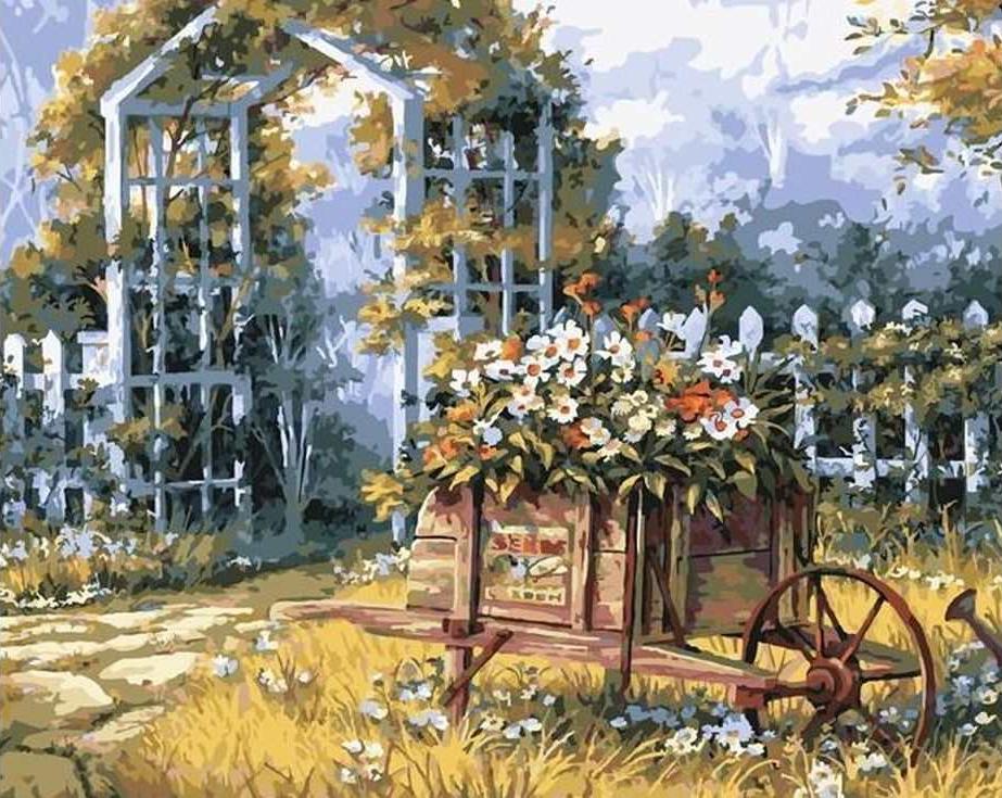 «Тележка с цветами» «Тележка с цветами»Раскраски по номерам Paintboy (Original)<br><br><br>Артикул: GX7580_R<br>Основа: Холст<br>Сложность: средние<br>Размер: 40x50 см<br>Количество цветов: 26<br>Техника рисования: Без смешивания красок