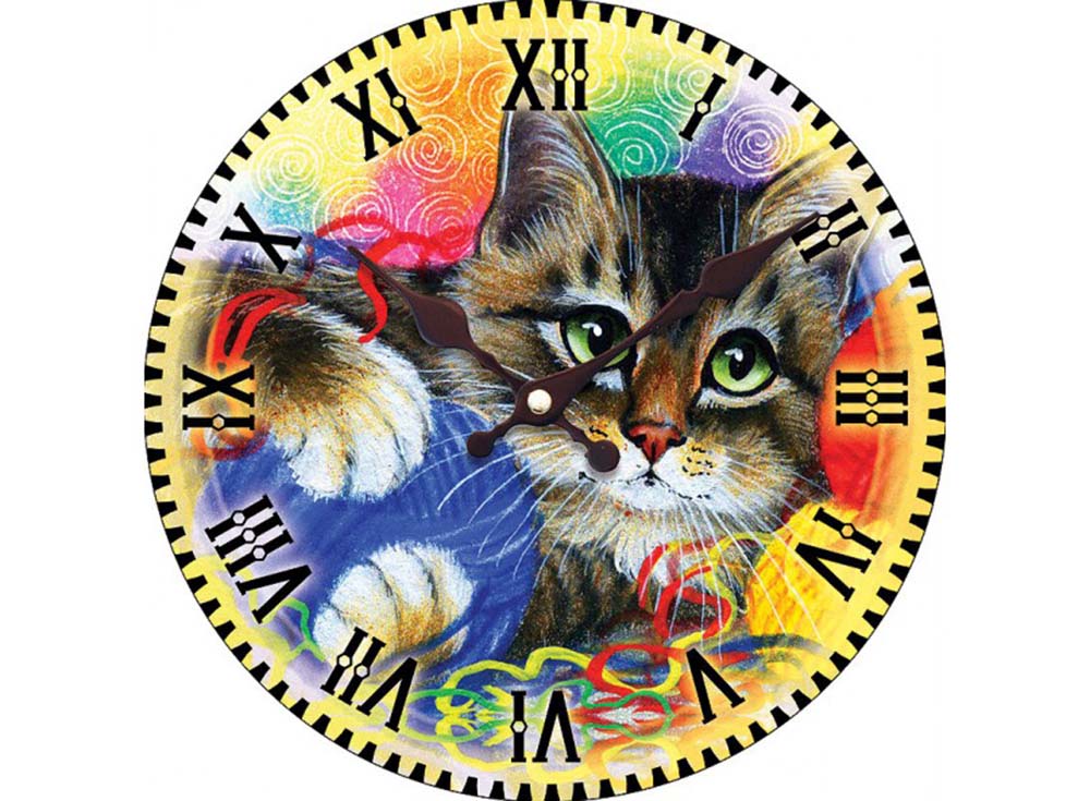 Часы настенные «Котик с клубочками» Часы настенные «Котик с клубочками»Дизайнерские настенные часы<br><br><br>Артикул: 014-CL<br>Размер: 34 см (диаметр)