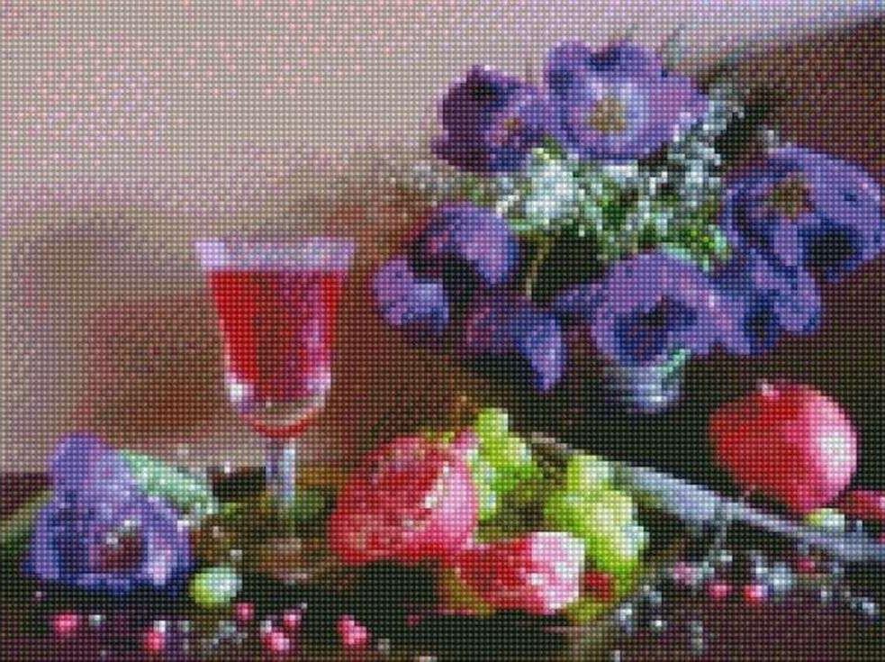 Стразы «Натюрморт с гранатом» Стразы «Натюрморт с гранатом»Цветной<br><br><br>Артикул: AG360<br>Основа: Холст на подрамнике<br>Сложность: сложные<br>Размер: 40x50 см<br>Выкладка: Полная<br>Количество цветов: 20-35<br>Тип страз: Круглые непрозрачные (акриловые)