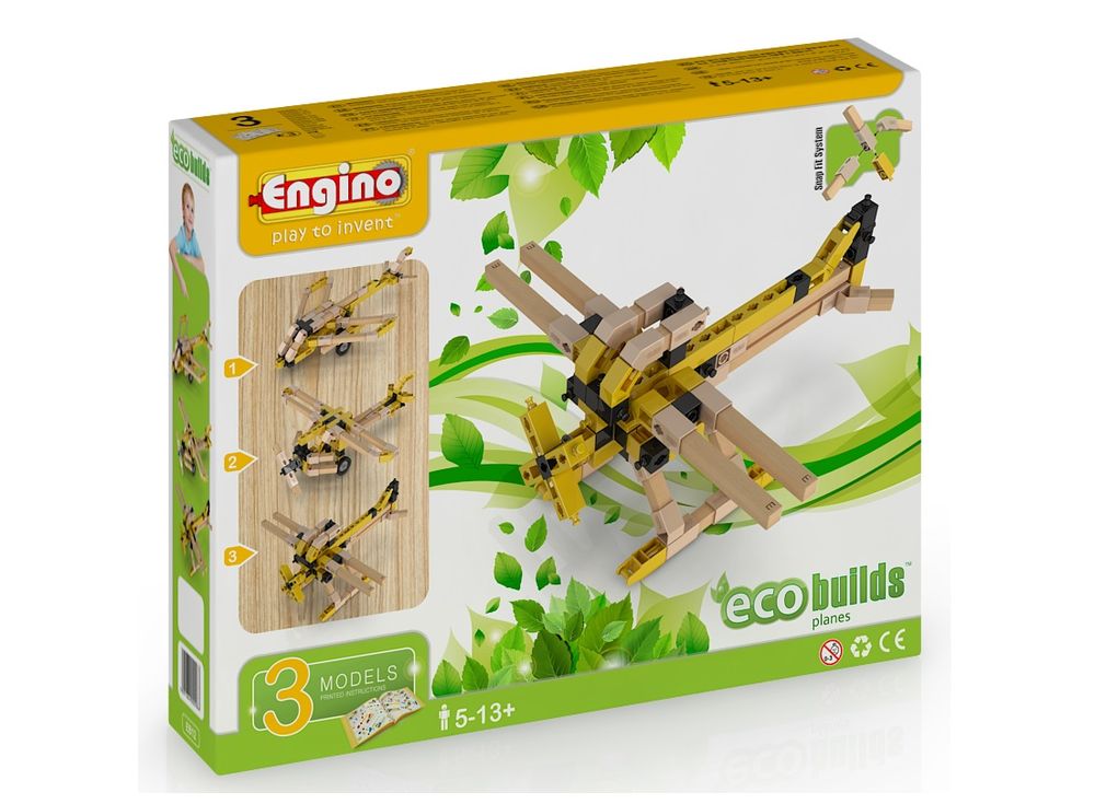 Конструктор Engino Самолеты Конструктор Engino СамолетыПластиковые конструкторы (Модели для сборки) Engino<br>Набор Engino ECO BUILDS Самолеты — относится к гибридному конструктору, который состоит из пластиковых и деревянных деталей. Они крепятся между без клея благодаря уникальной системе фиксации. Детали набора предусматривают до 6 вариантов соединения между с...<br><br>Артикул: EB12<br>Вес: 402 г<br>Серия: ECO BUILDS<br>Материал: Пластик/дерево<br>Размер упаковки: 22x28x6 см<br>Возраст: от 5 лет