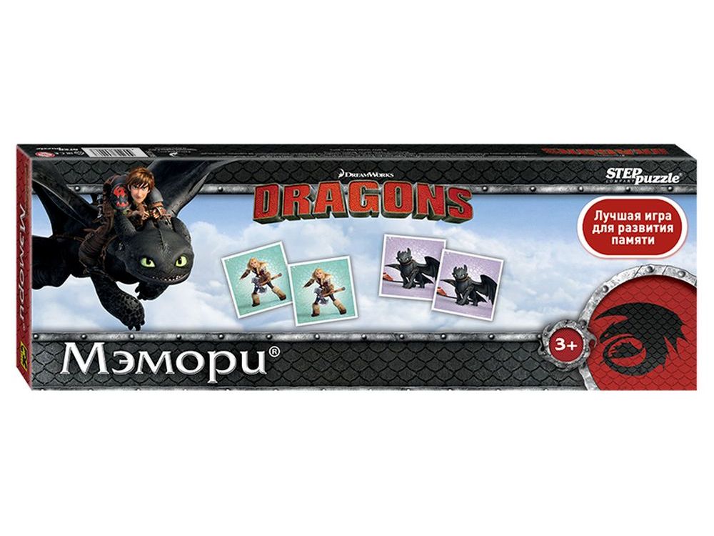 Мэмори «Драконы» Мэмори «Драконы»Настольные развивающие игры<br>Развивающая настольная игра мэмори с драконами. Игра создана по мотивам мультфильма Как приручить дракона-2(DreamWorks).<br><br> Для кого игра?<br> Для детей и родителей (веселый развивающий совместный досуг).<br> Будет интересна детям от 3х лет (простые правил...<br><br>Артикул: 80206<br>Размер упаковки: 36x12,5x35 см<br>Возраст: от 3 лет<br>Время игры: 10-30 мин.<br>Количество игроков: 1+<br>Аудитория: Детские
