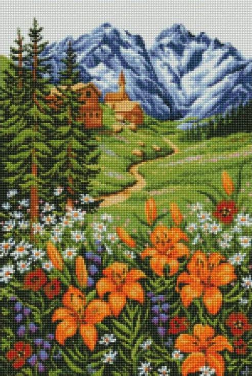 Стразы «Альпийский пейзаж» Стразы «Альпийский пейзаж»Цветной<br><br><br>Артикул: A113<br>Основа: Холст на подрамнике<br>Сложность: сложные<br>Размер: 40x50 см<br>Выкладка: Полная<br>Количество цветов: 20-35<br>Тип страз: Круглые непрозрачные (акриловые)