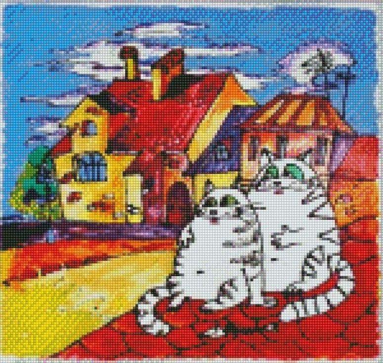 Стразы «Коты на крыше» Стразы «Коты на крыше»Цветной<br><br><br>Артикул: CCH-001<br>Основа: Холст на подрамнике<br>Сложность: сложные<br>Размер: 20x30 см<br>Выкладка: Полная<br>Количество цветов: 20-35<br>Тип страз: Круглые непрозрачные (акриловые)