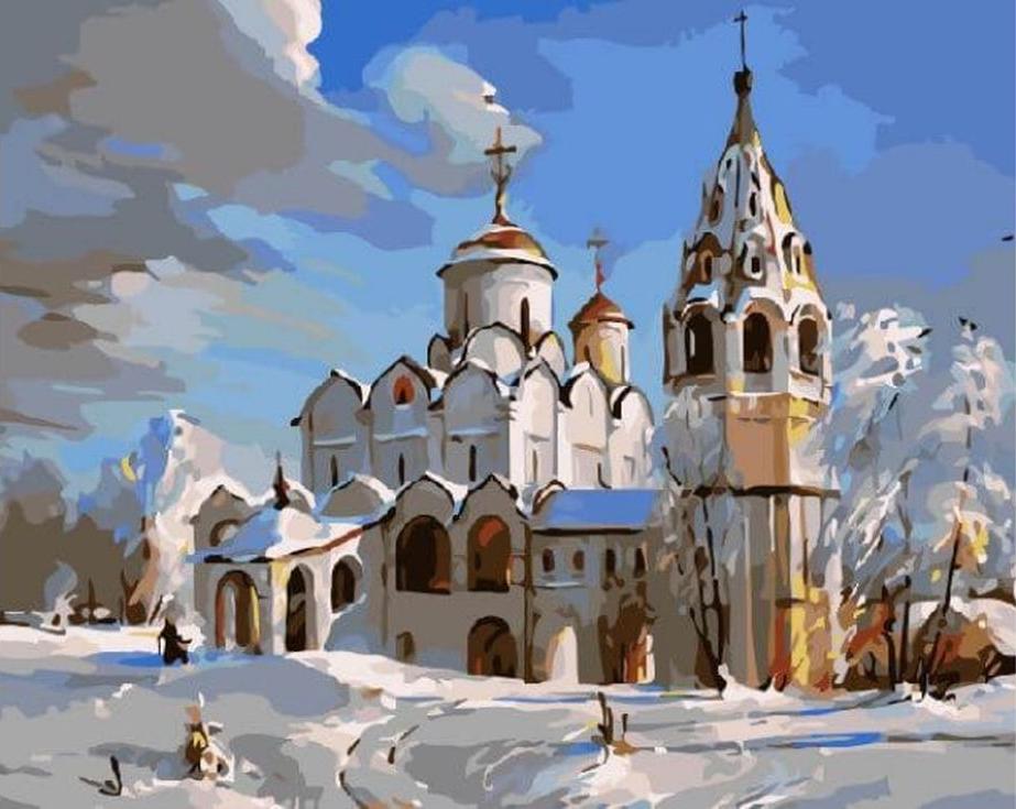 «Зимняя церковь» «Зимняя церковь»Цветной (Standart)<br><br><br>Артикул: GX3537_Z<br>Основа: Холст<br>Сложность: сложные<br>Размер: 40x50 см<br>Количество цветов: 25<br>Техника рисования: Без смешивания красок