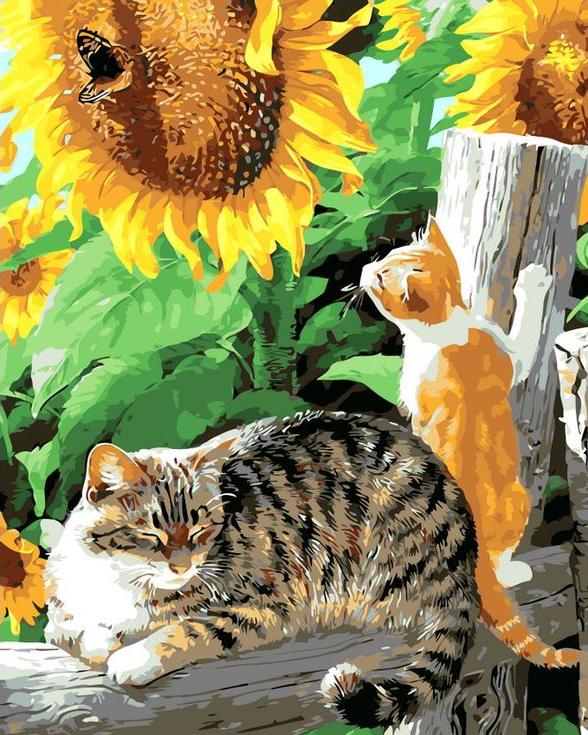 «Котики в подсолнухах» «Котики в подсолнухах»Раскраски по номерам Menglei (Standart)<br><br><br>Артикул: MG8248_S<br>Основа: Холст<br>Сложность: сложные<br>Размер: 40x50 см<br>Количество цветов: 22<br>Техника рисования: Без смешивания красок