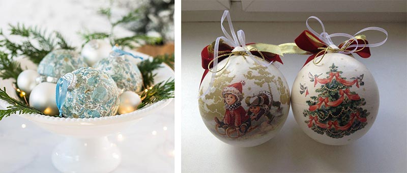 На фото изображено - Новогодние шары своими руками - оригинальный праздничный декор, рис. Шары в технике декупаж