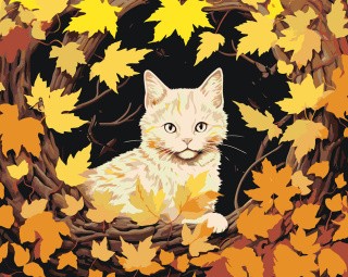 Картина по номерам «Белый котенок среди осенних листьев 2»