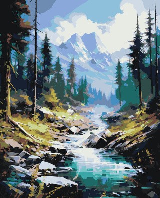 Картина по номерам «Природа: Пейзаж с лесным ручьем и видом на горы»