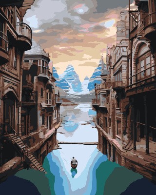 Картина по номерам «Природа: Пейзаж с человеком в лодке на фоне гор и домов»