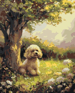 Картина по номерам «Собака пудель под деревом, цветы 40х50»