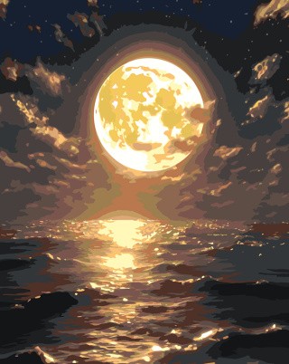 Картина по номерам «Природа: Яркая луна над морем»