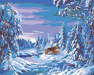 Картина по номерам «Домик в заснеженном лесу»