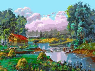 Картина по номерам «Стога у реки»