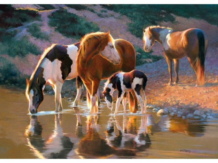 Пазлы «Лошади у ручья»
