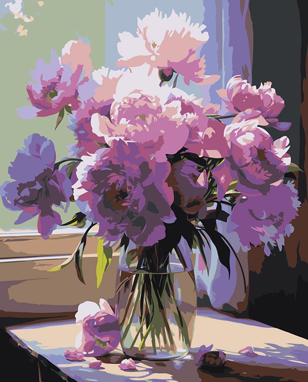 Картина по номерам «Цветы: Лиловые пионы на окне»