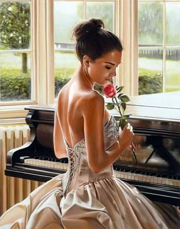 Алмазная вышивка «Пианистка с розой»