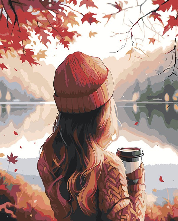 Картина по номерам «Природа: Девушка с кофе возле осеннего озера»