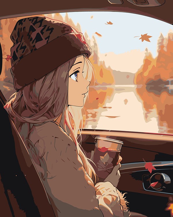 Картина по номерам «Природа: Девушка с кофе в машине возле осеннего озера»