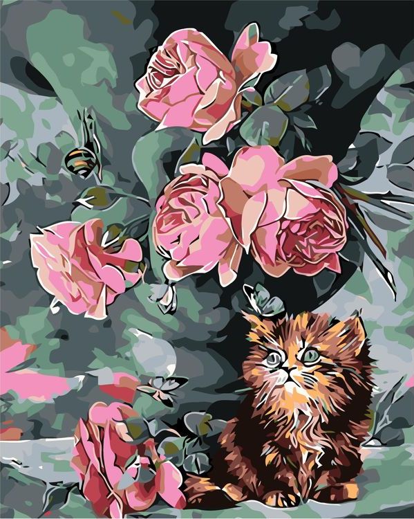 Картина по номерам «Котёнок под букетом цветов»