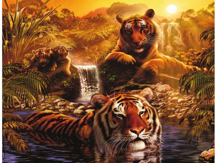 Пазлы «Тигры у водопада»
