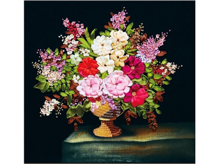 Вышивка лентами «Цветы в плетеной вазе»