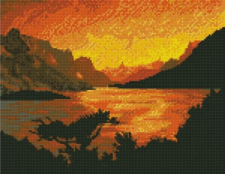 Алмазная вышивка «Закат на озере в горах»