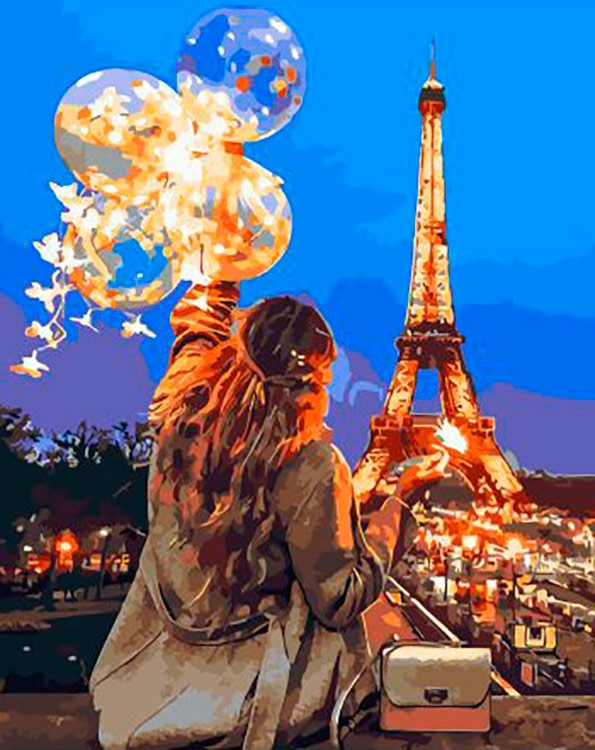 Картина по номерам «Девушка и шарики в Париже»