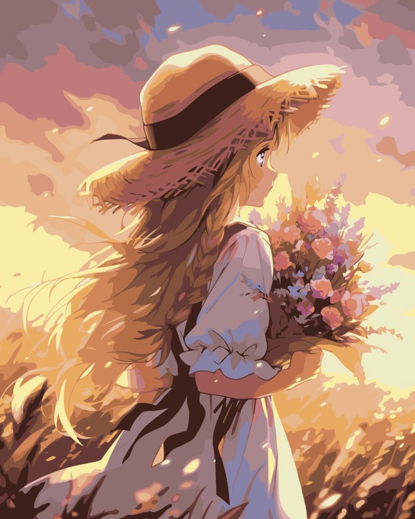 Картина по номерам «Природа: Девушка в шляпке с букетом полевых цветов»
