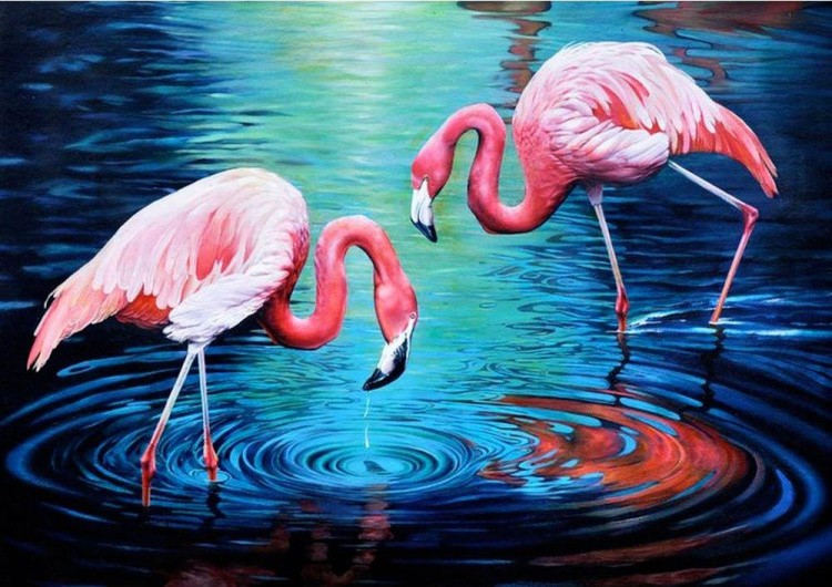 Алмазная вышивка «Фламинго на озере»