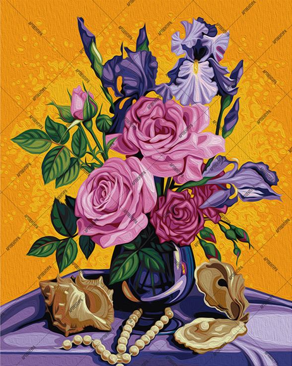 Картина по номерам «Букет роз с ирисами и жемчугом»