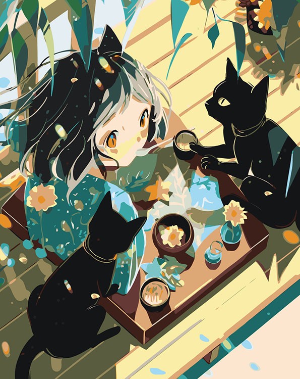 Картина по номерам «Аниме: Чайная церемония с двумя черными котами»