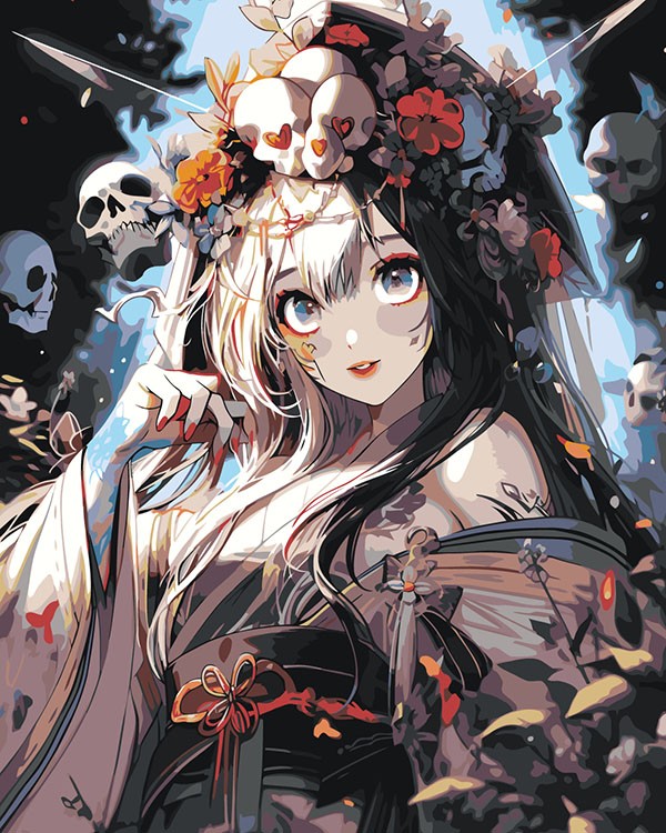 Картина по номерам «Аниме: Девушка-ведьма с черепами и цветами в волосах»