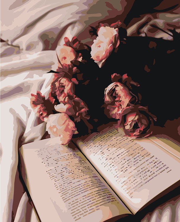 Картина по номерам «Цветы: Пионы и раскрытая книга»