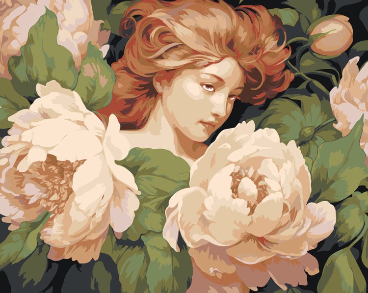 Картина по номерам «Цветы: Девушка и пионы в пастельных тонах»