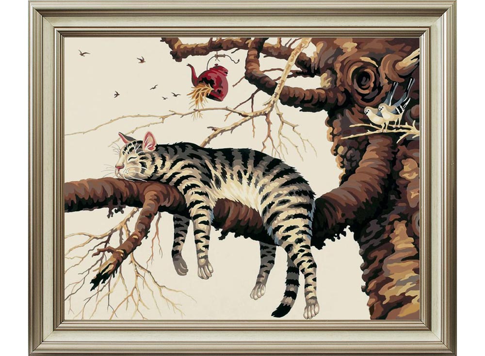Я слишком устал. Картина кот на дереве. Слишком устал вышивка. Картины с котиками на дереве. Вышивка ленивый кот в рамке.