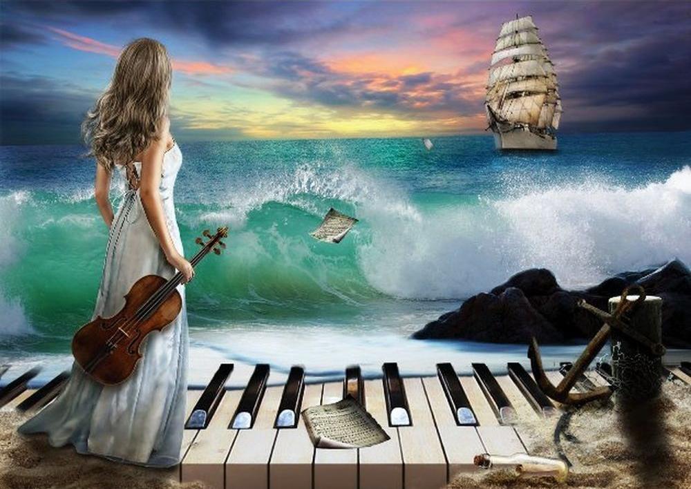 Самые мелодичные песни. Девушка скрипка море. Музыкальный пейзаж. Девушка со скрипкой на берегу моря. Картины Вдохновение.