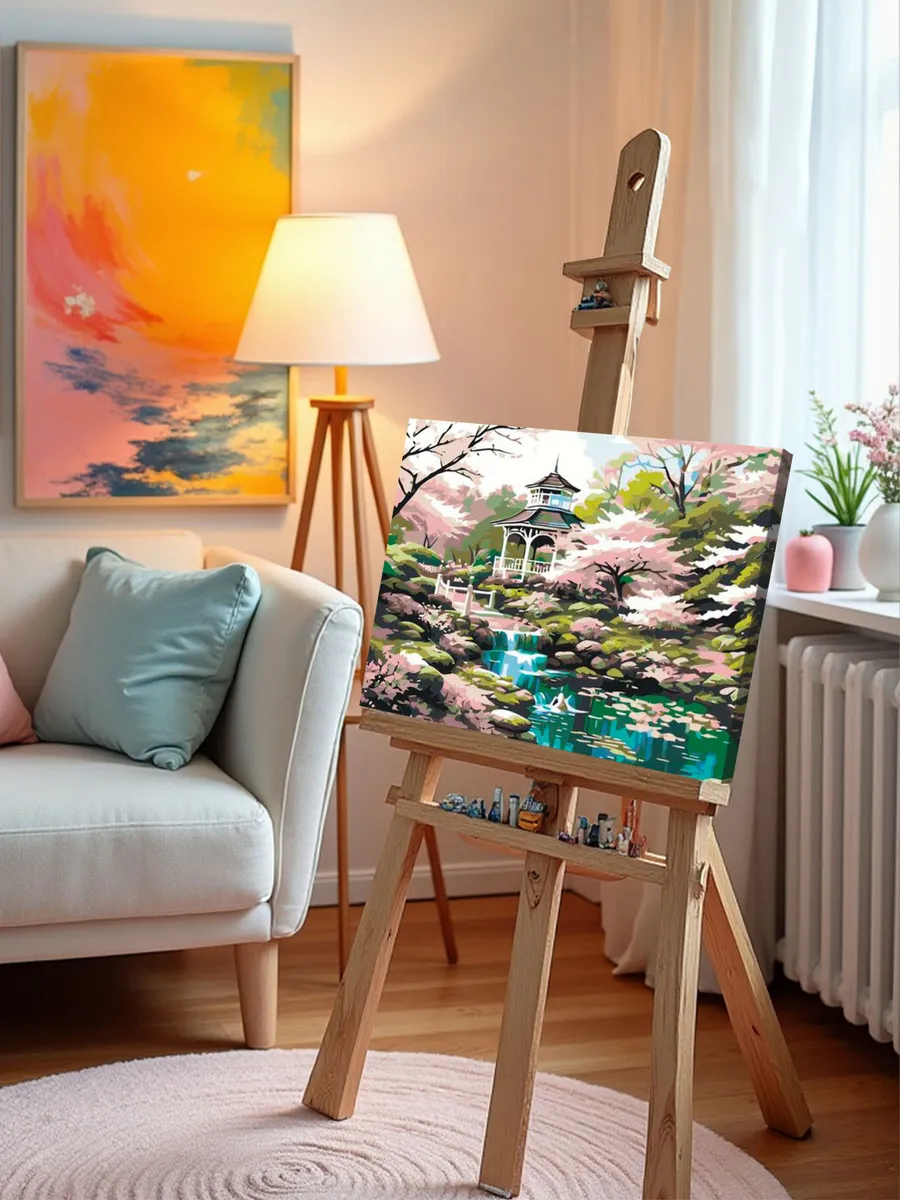 Картина по номерам «Природа: Пейзаж с беседкой в цветущем весеннем саду» — картинка 9