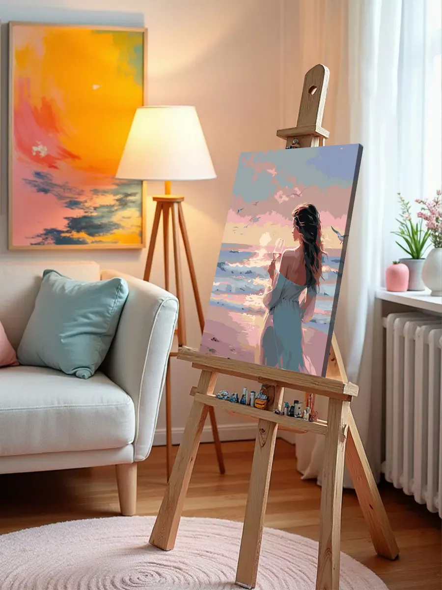 Картина по номерам «Природа: Девушка с бокалом на берегу моря» — картинка 9