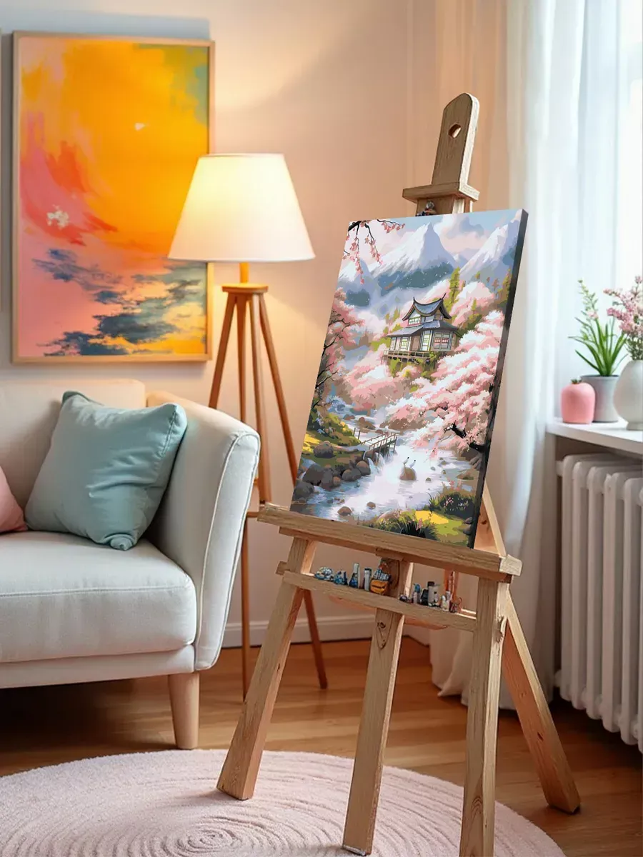 Картина по номерам «Природа: Пейзаж с японским домом и сакурой в горах 2» — картинка 9