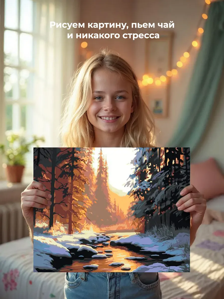 Картина по номерам «Природа: Пейзаж с ручьем в зимнем лесу» — картинка 6