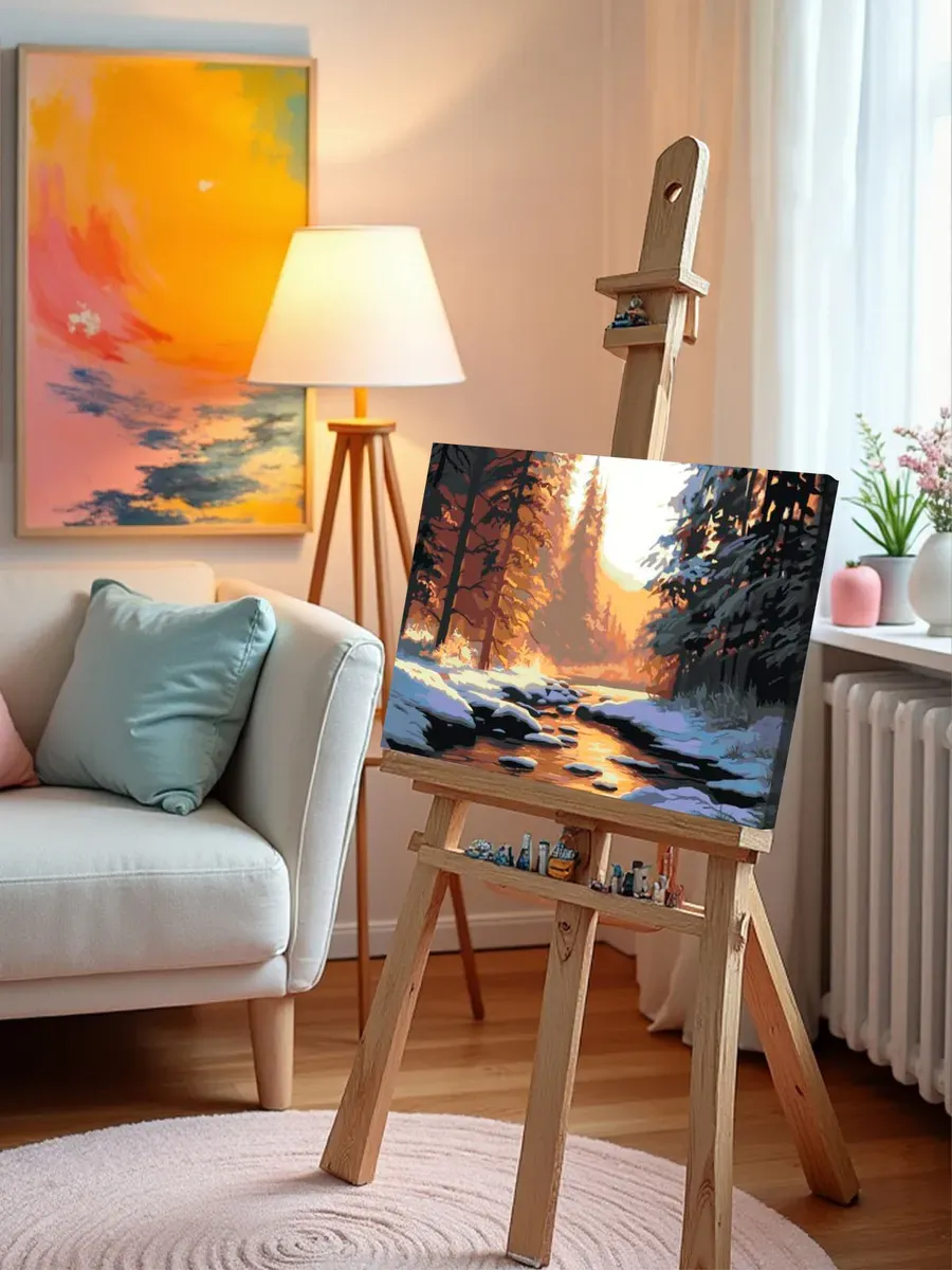 Картина по номерам «Природа: Пейзаж с ручьем в зимнем лесу» — картинка 9