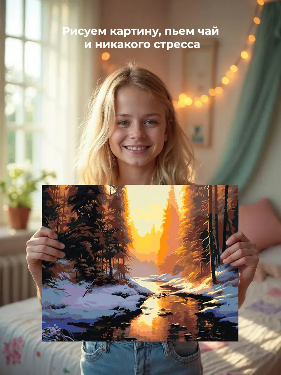 Картина по номерам «Природа: Пейзаж с ручьем в зимнем лесу 2» — картинка 7