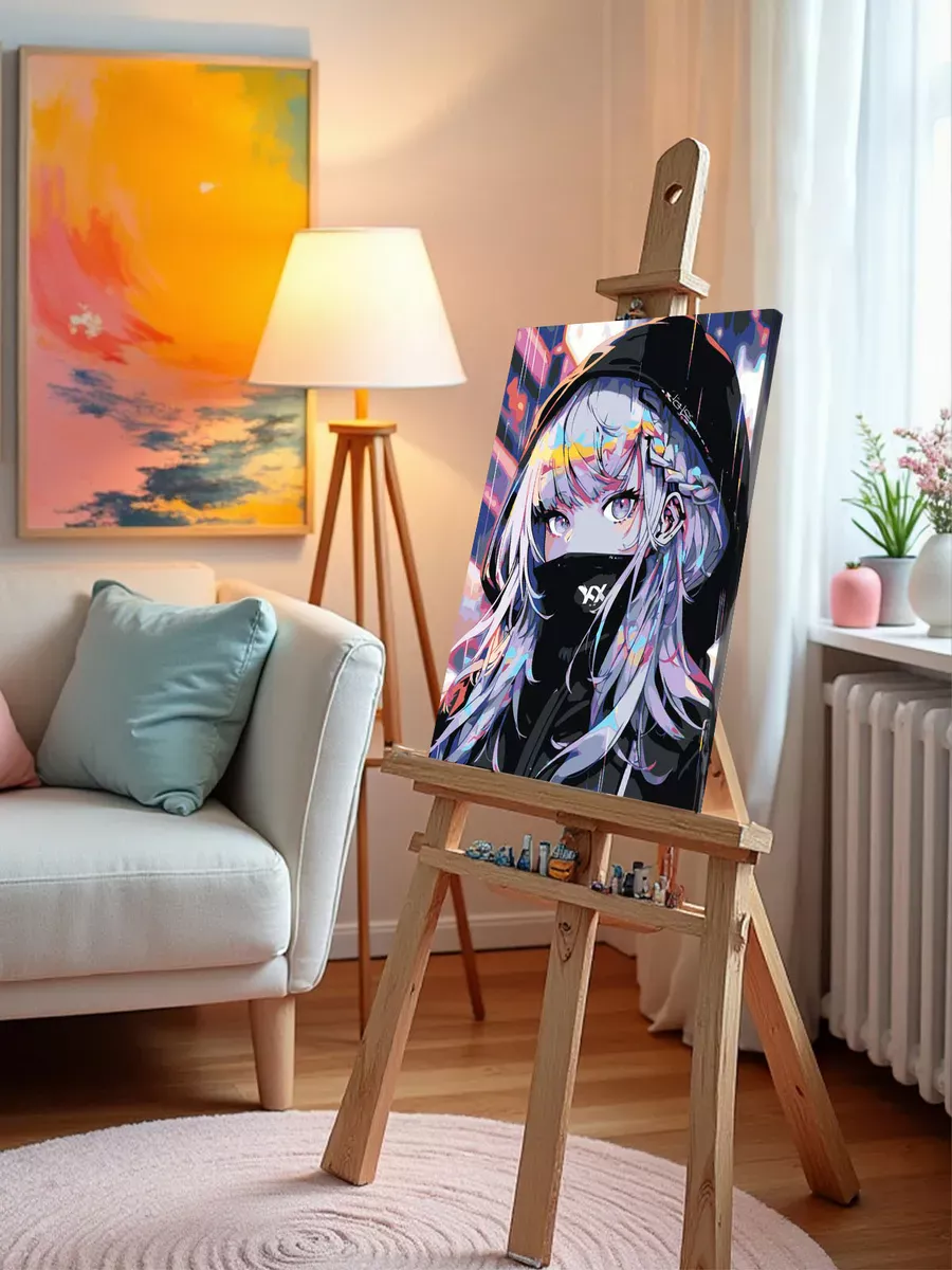 Картина по номерам «Аниме: Девушка в капюшоне в стиле киберпанк» — картинка 9