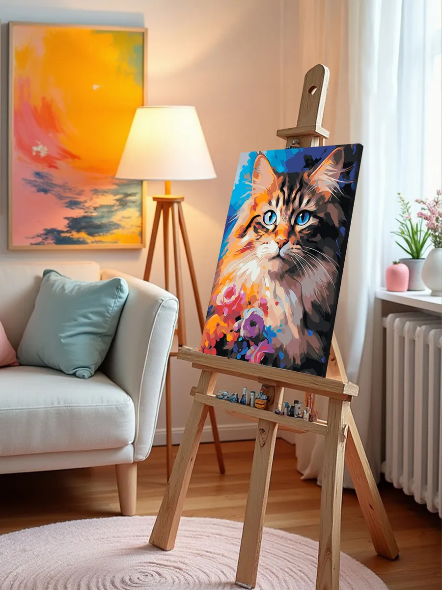 Картина по номерам «Красочный кот с голубыми глазами и цветами 2» — картинка 10