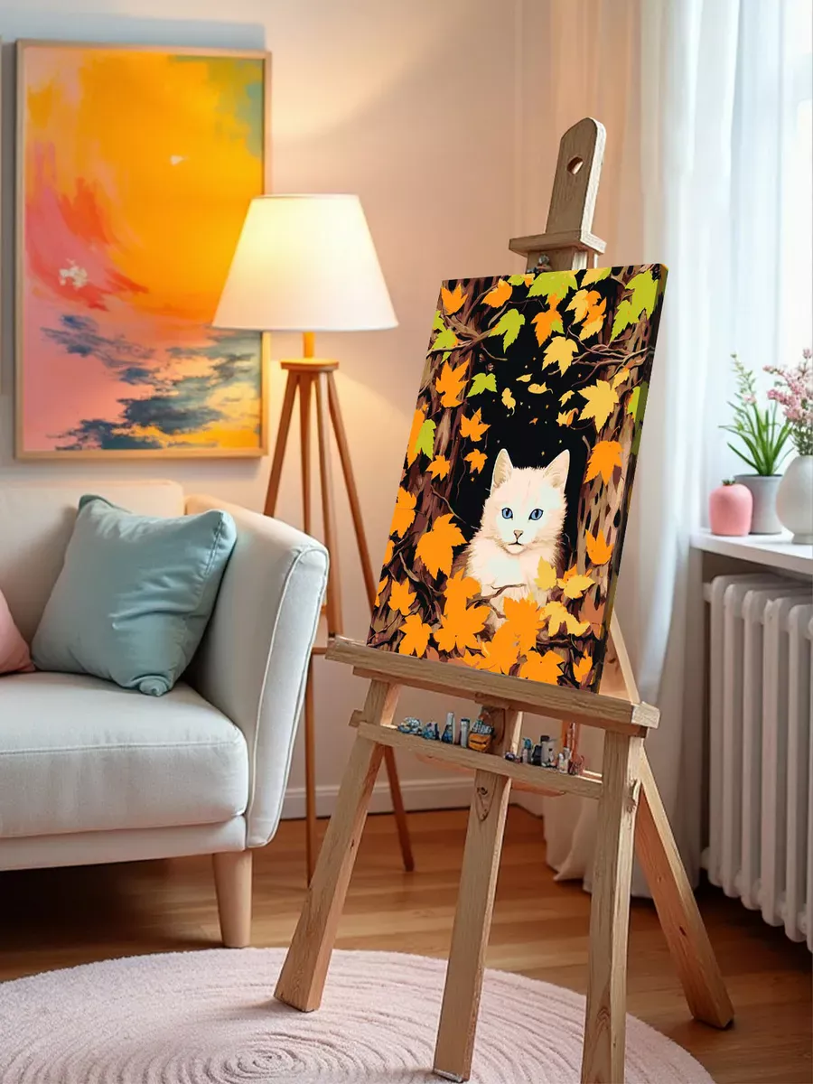 Картина по номерам «Белый котенок среди осенних листьев» — картинка 10